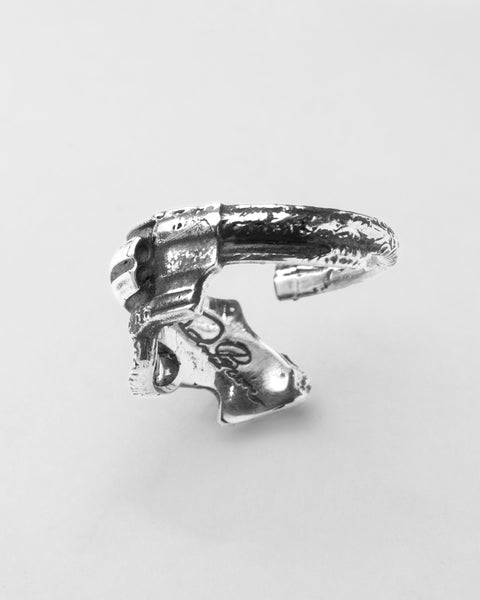 Gun Ring in sterling silver — rear angled view showing the open adjustable band