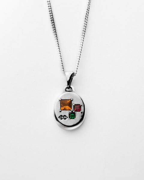 Three Stone Pendant in sterling silver — front view of citrine, ruby and emerald
