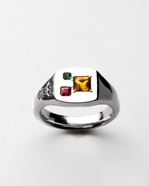 Gem Signet in sterling silver — front view of citrine, ruby and emerald gemstones