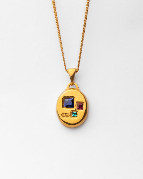 Three Stone Pendant in 24ct gold plate — front view of citrine, ruby and emerald