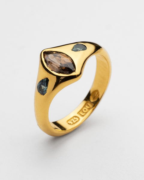 Daedal Ring in 24ct gold plate with Australian tourmaline and two parti sapphires