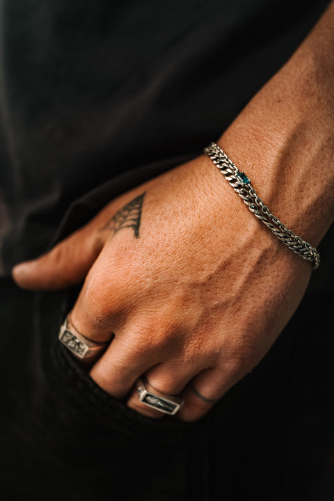 Lou's Cuban in sterling silver — close-up worn with a second chain bracelet