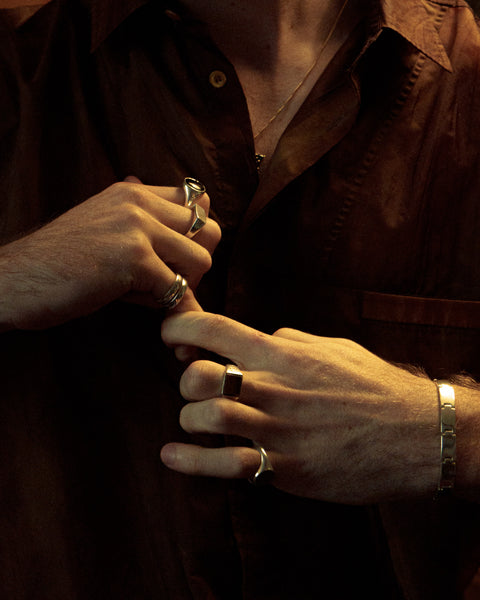 Onyx Signet / Tiger's Eye Signet / Acanthus Bracelet — September wearing photograph.