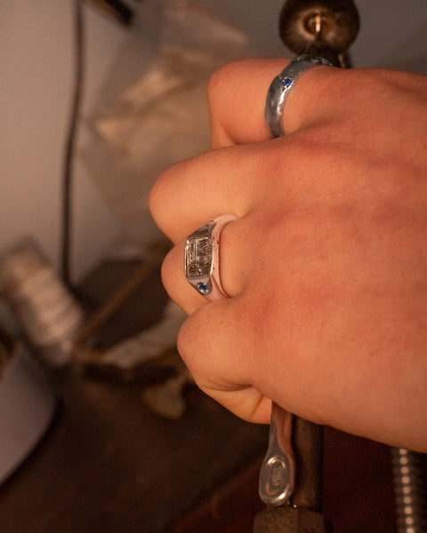 Workshop Signet in sterling silver — worn while holding a workshop tool
